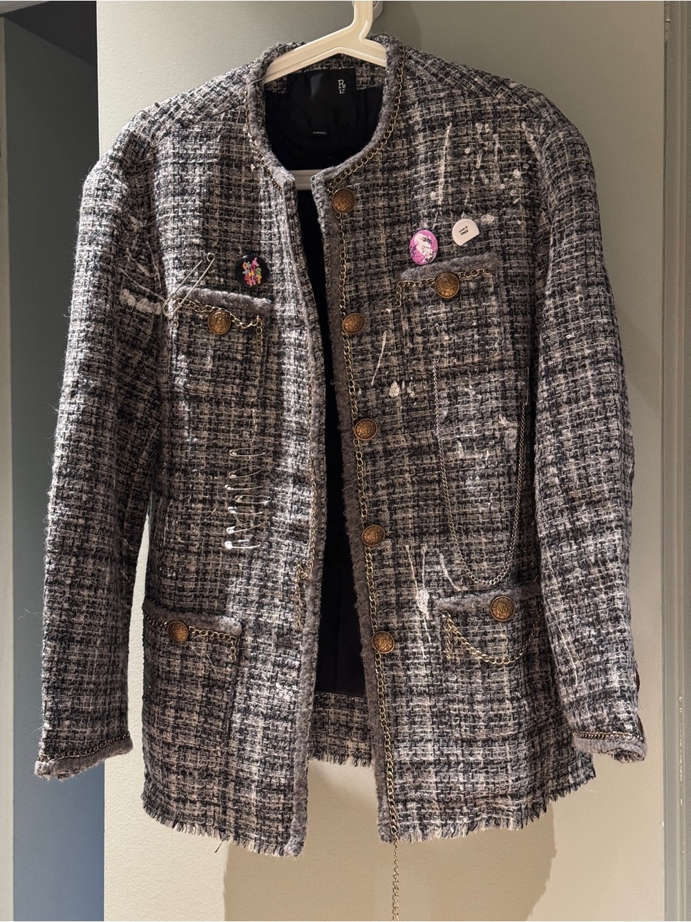 R13 Women’s Tweed Chain-Trim Jacket - Gray